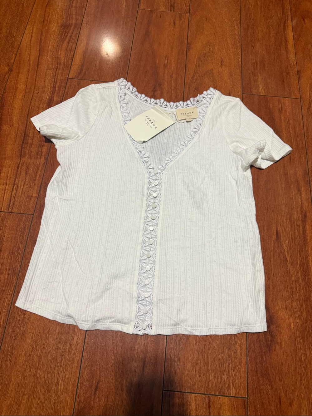 Sezane White Cotton V-Neck Tee with Crochet Trim